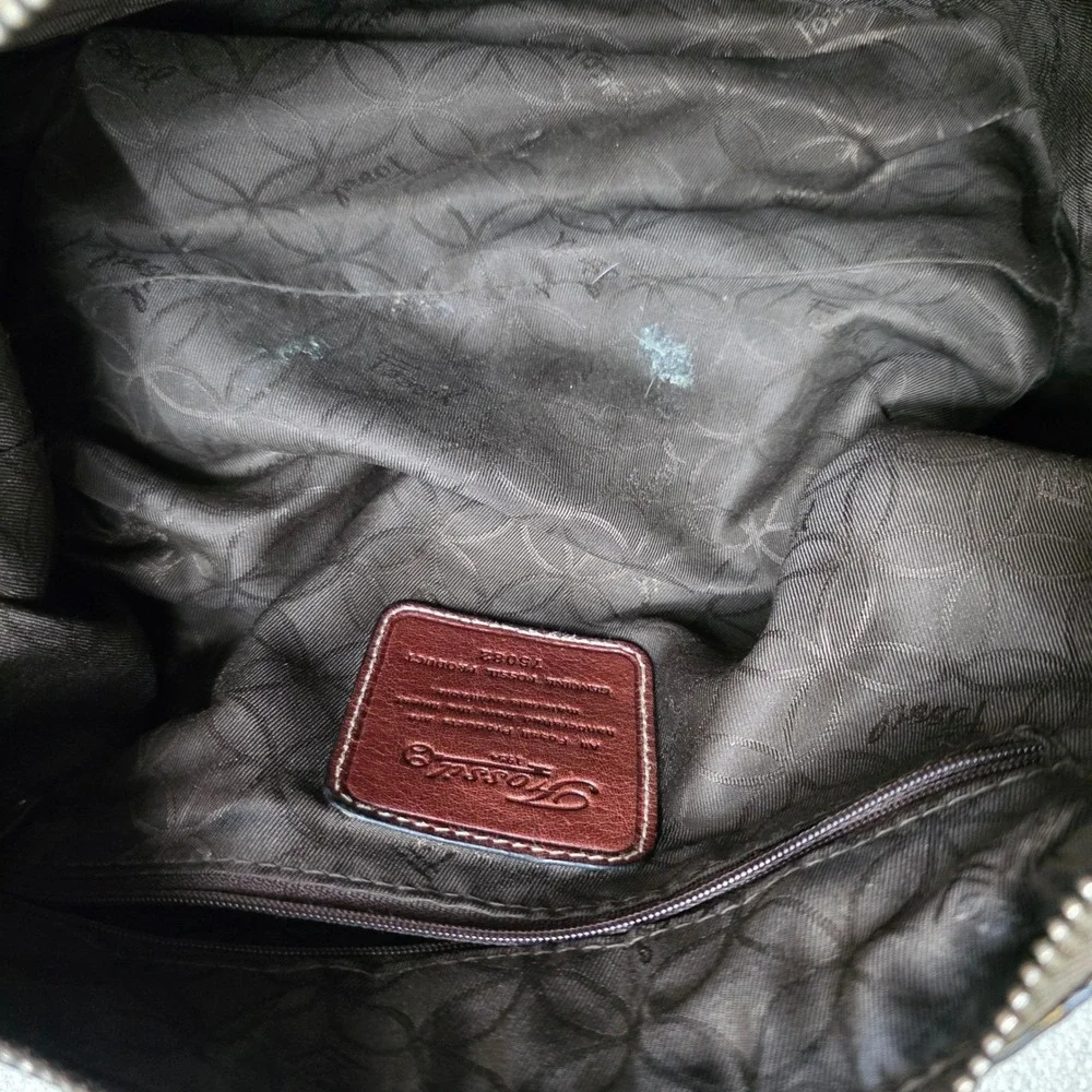 Cognac Brown Leather Hobo Fossil Satchel Braided Strap Contrast Stitching Purse - Picture 9 of 10